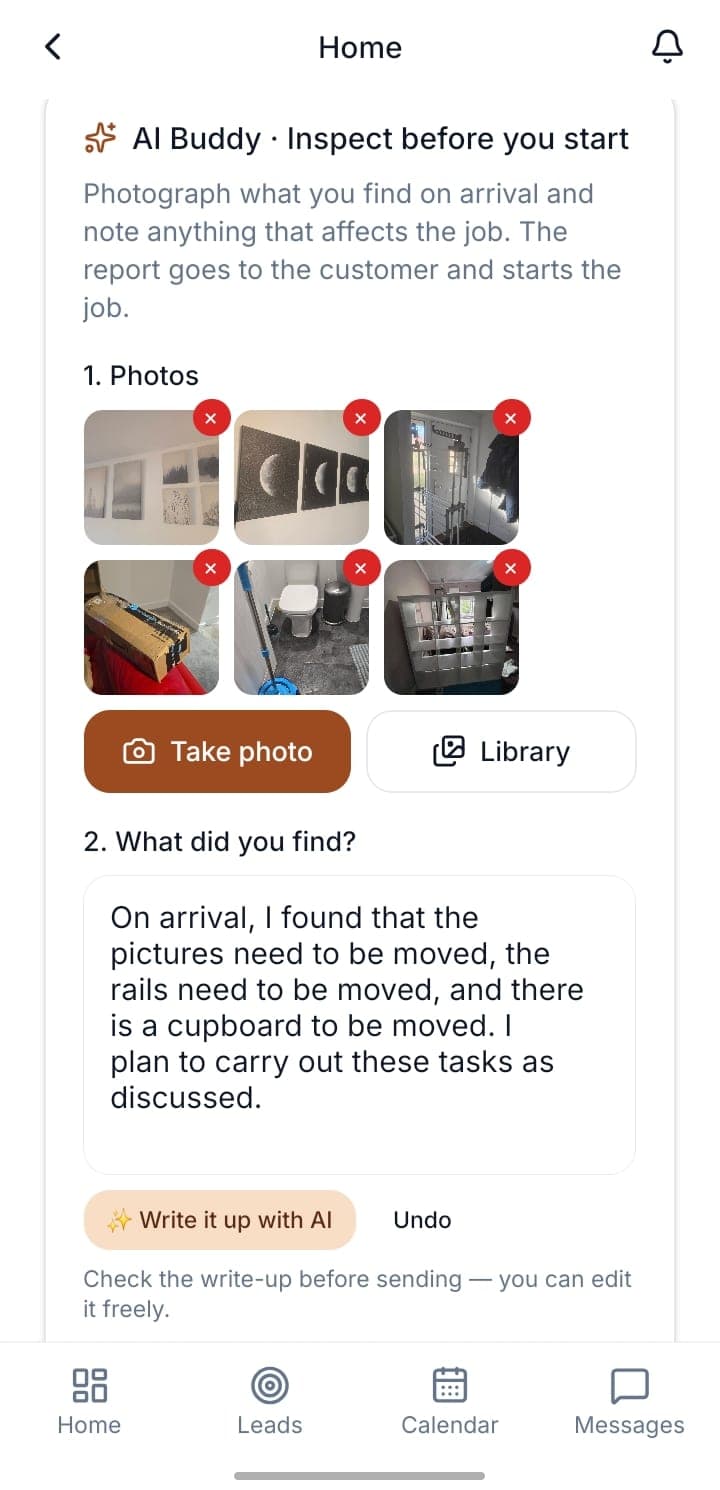 AI Buddy inspection screen: six photos taken on arrival and a written report, with a 'Write it up with AI' button